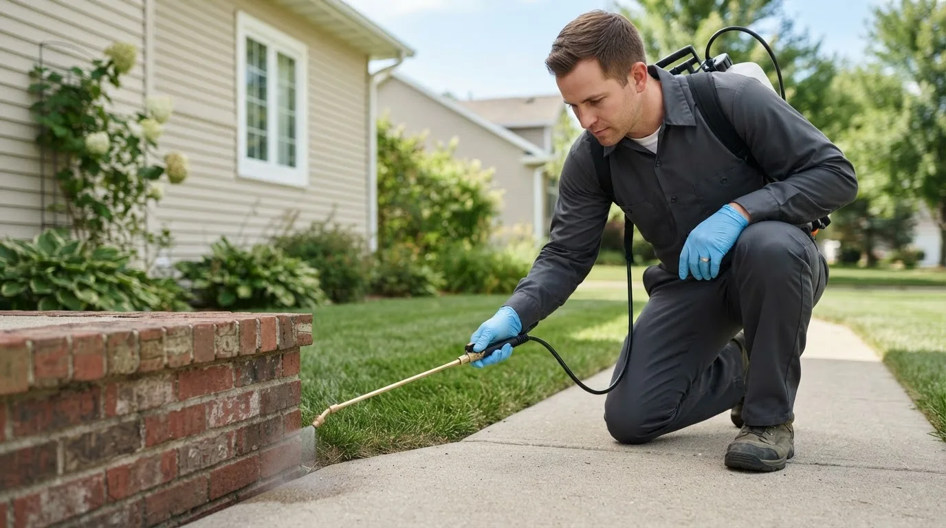 Pest control technician treating a home near Talco, TX