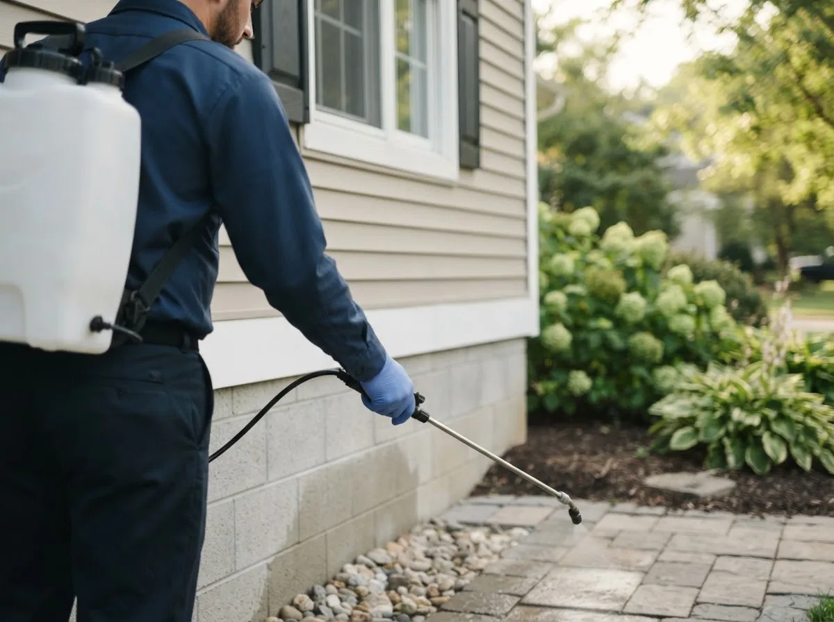 Pest control technician inspecting a home in Talco, TX